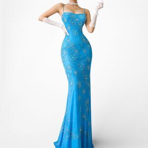 Vintage Y2K 90s Blue Floral Beaded Bodycon Maxi Formal Prom Dress Size M